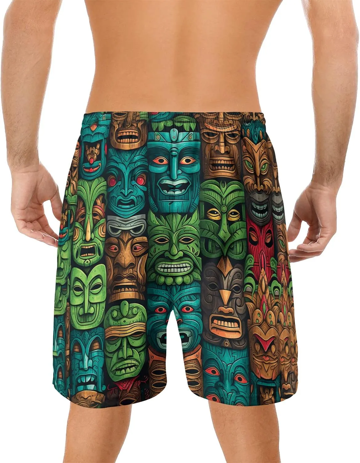 Tropical Summer Men's Quick Dry - Tiki Mask Hawaiian Shorts for Men - Beach Tiki Shorts Swim Trunks Set 7 (TND-LN-7)