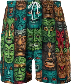 Tropical Summer Men's Quick Dry - Tiki Mask Hawaiian Shorts for Men - Beach Tiki Shorts Swim Trunks Set 7 (TND-LN-7)