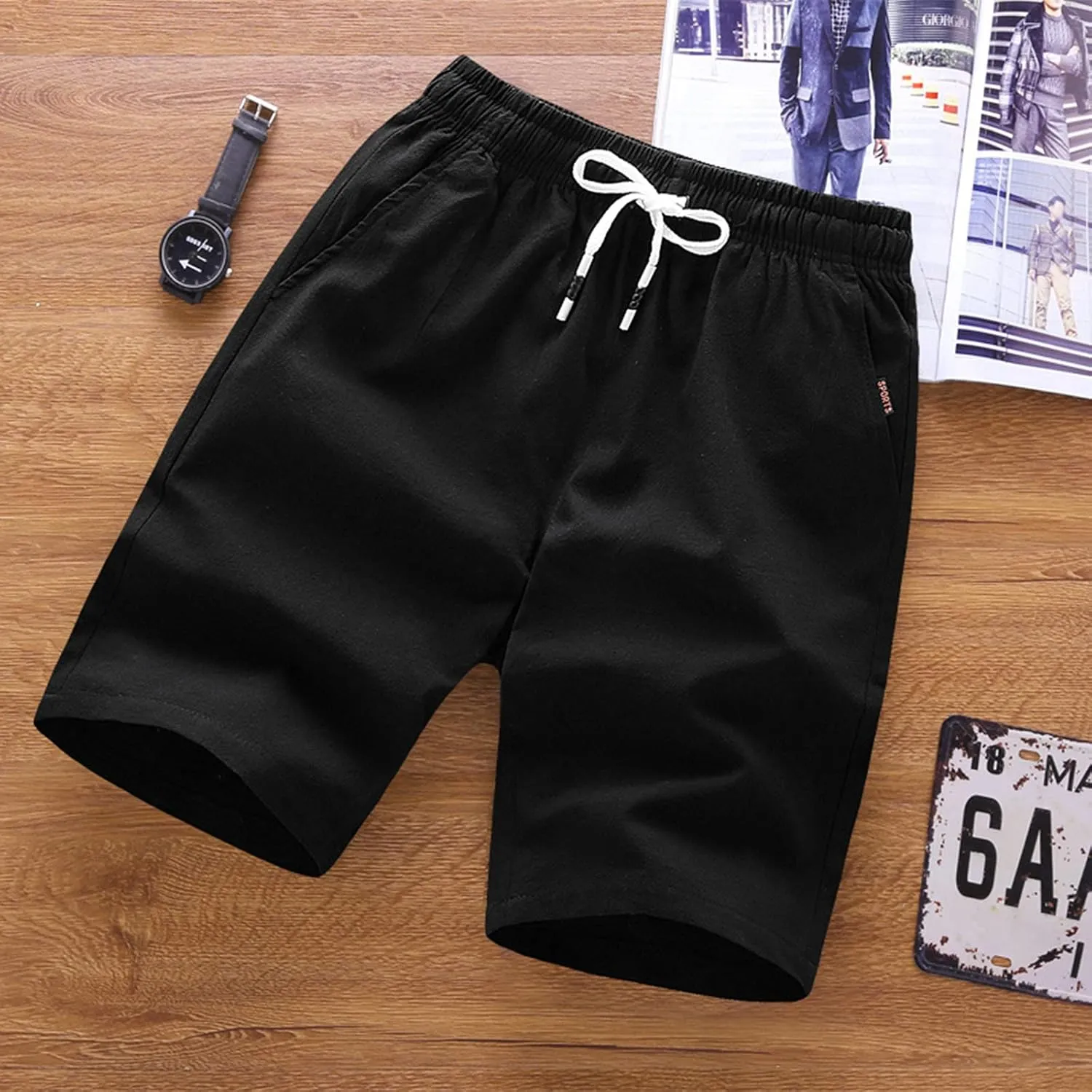 tuduoms Men's 5" Inseam Linen Casual Short Summer Beach Lightweight Board Slim-Fit Shorts Elastic Waist Pockets Short Pants