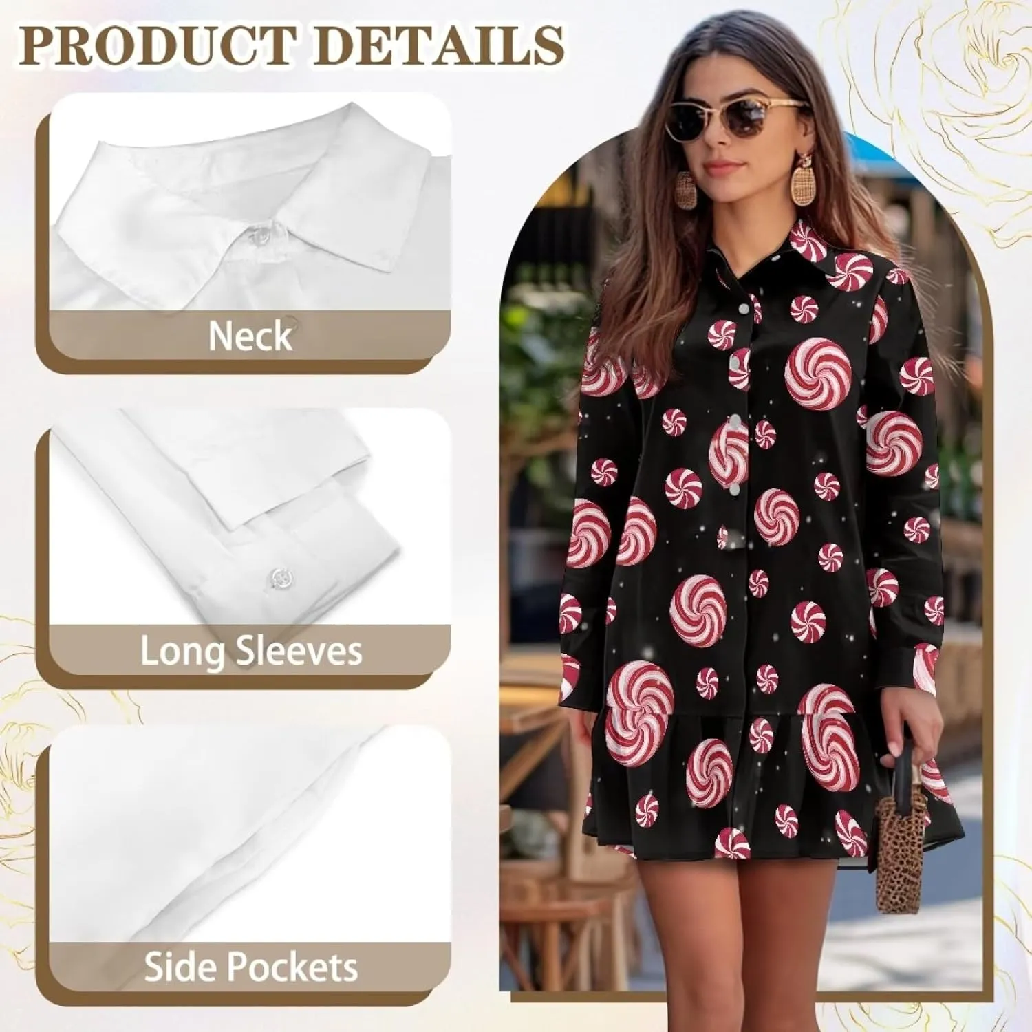 Tunic Shirt Mini Dress for Women Stylish Button Down V-Neck Shift Dress Drop Waist Long Sleeve Mini Dresses