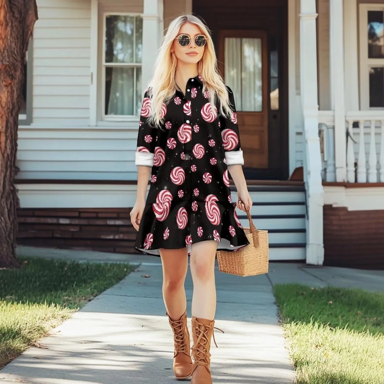 Tunic Shirt Mini Dress for Women Stylish Button Down V-Neck Shift Dress Drop Waist Long Sleeve Mini Dresses