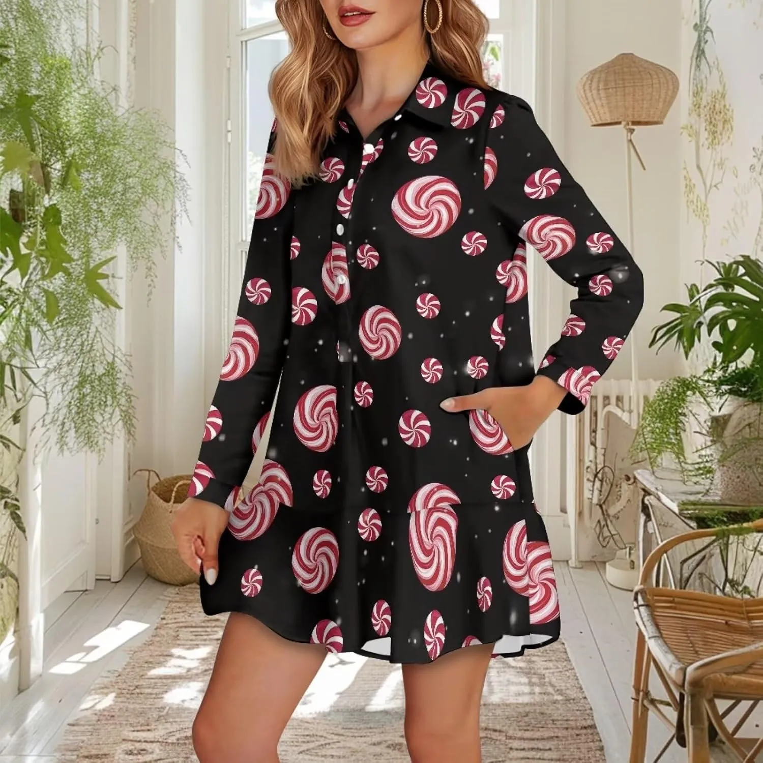Tunic Shirt Mini Dress for Women Stylish Button Down V-Neck Shift Dress Drop Waist Long Sleeve Mini Dresses