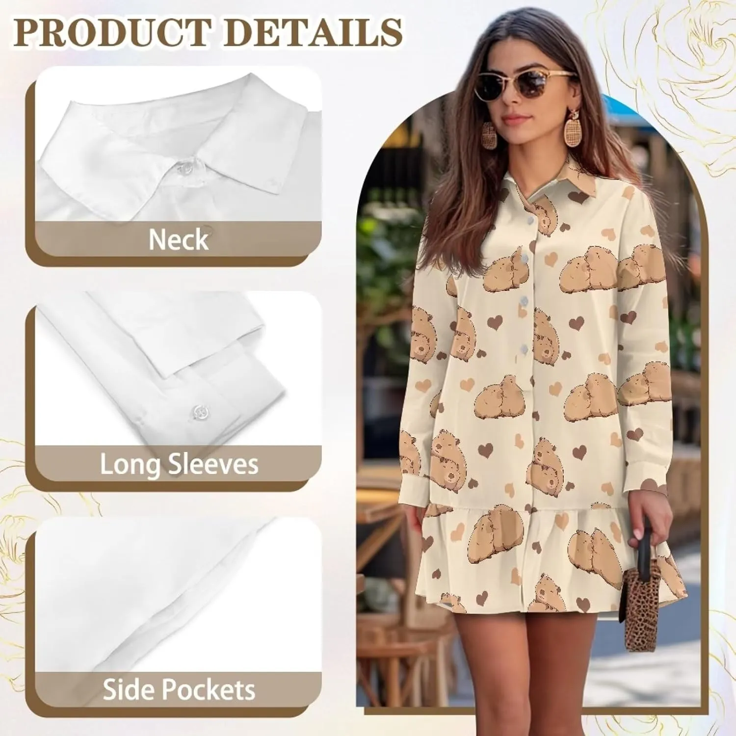 Tunic Shirt Mini Dress for Women Stylish Button Down V-Neck Shift Dress Drop Waist Long Sleeve Mini Dresses