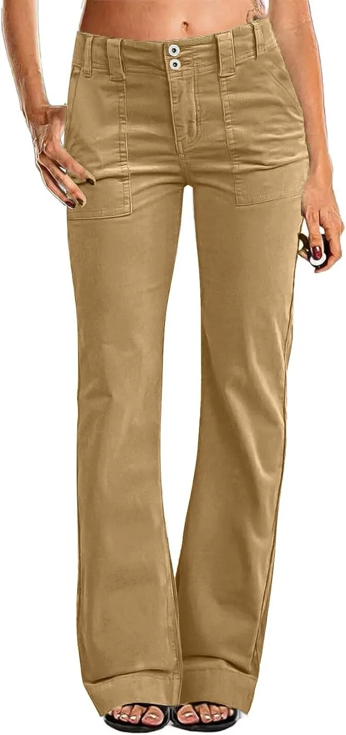 Twill Palazzo Pants for Women Casual Y2K Stretch High Waisted Chino Pants Slim Fit Wide Leg Dress Pants with Pockets