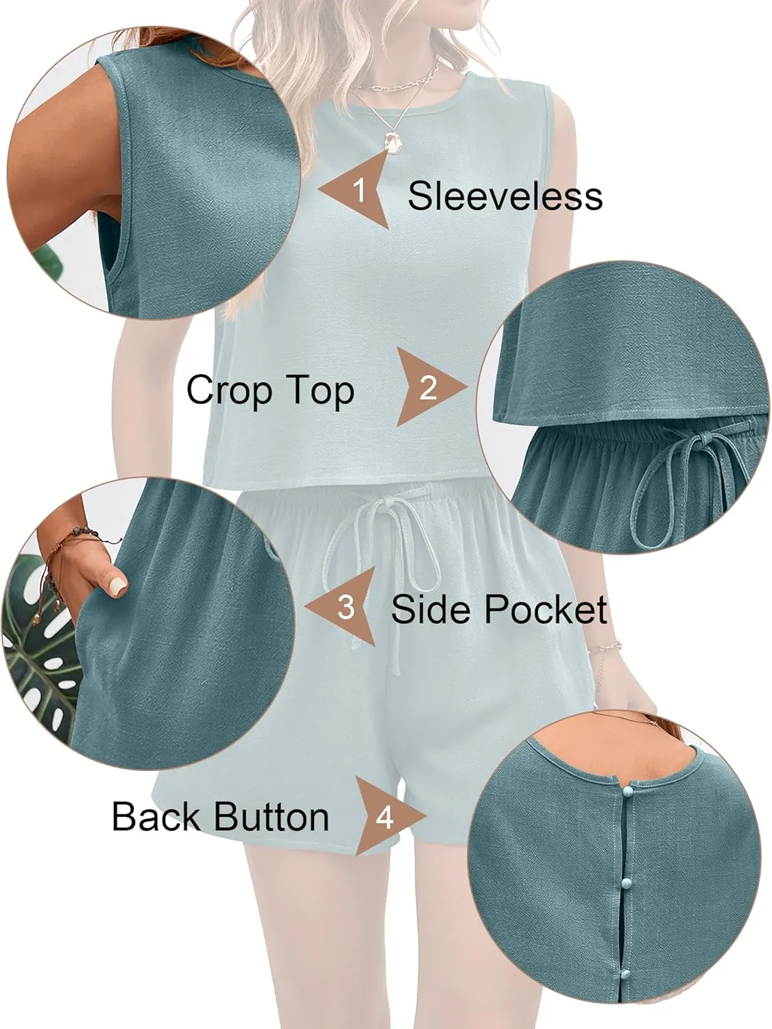 Two Piece Summer Outfits Linen Shorts Sets for Women 2 Piece Sleeveless Crop Tank Top Hight Waist Lounge Shorts Romper