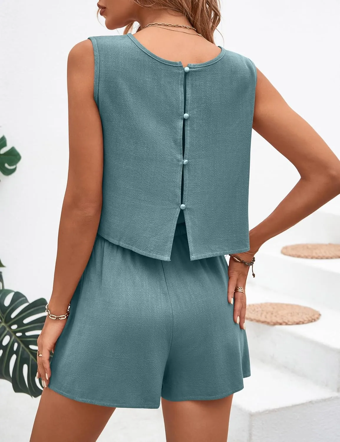 Two Piece Summer Outfits Linen Shorts Sets for Women 2 Piece Sleeveless Crop Tank Top Hight Waist Lounge Shorts Romper