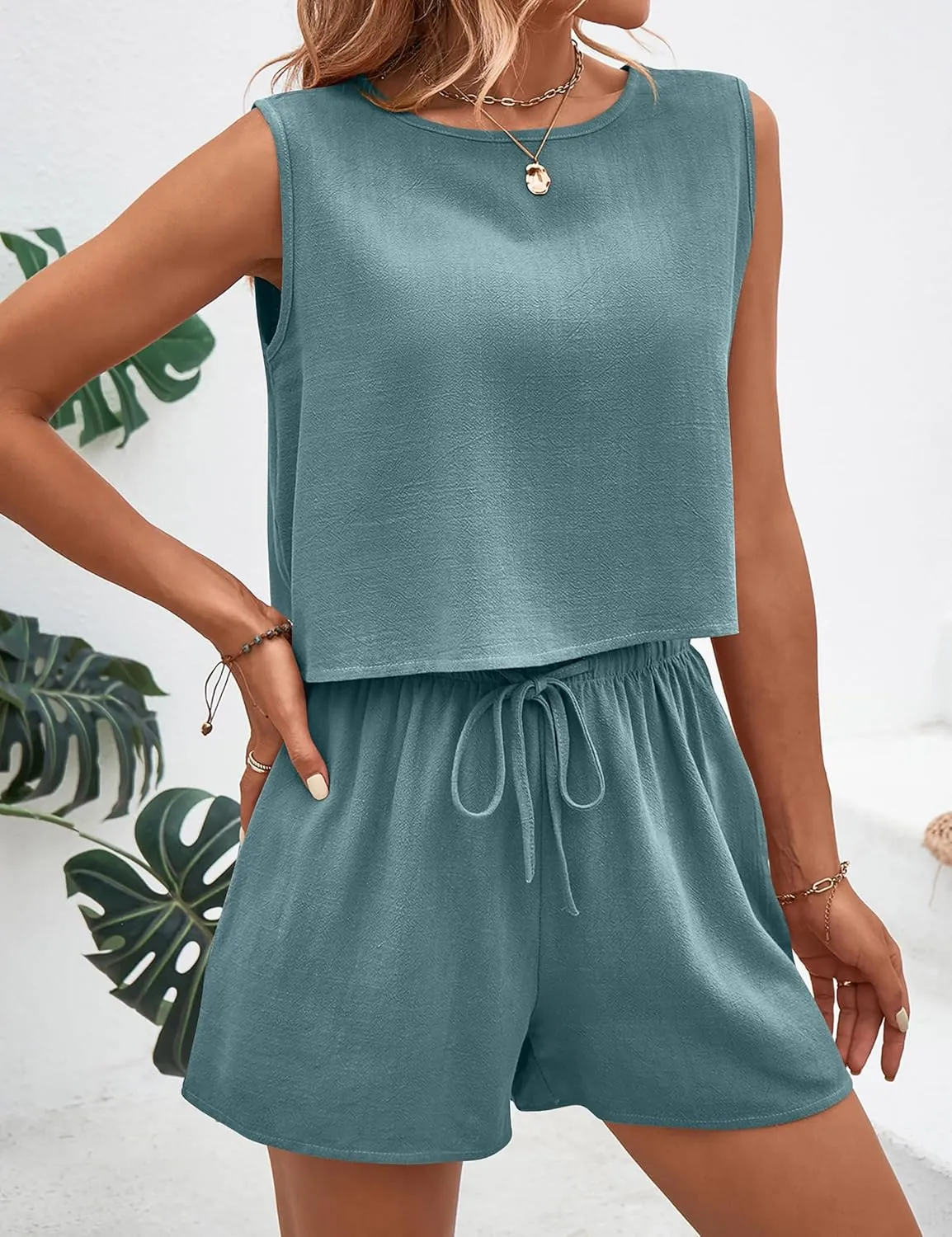 Two Piece Summer Outfits Linen Shorts Sets for Women 2 Piece Sleeveless Crop Tank Top Hight Waist Lounge Shorts Romper