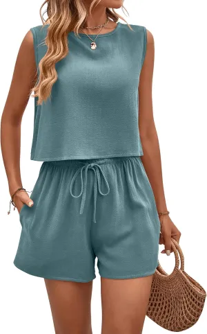 Two Piece Summer Outfits Linen Shorts Sets for Women 2 Piece Sleeveless Crop Tank Top Hight Waist Lounge Shorts Romper
