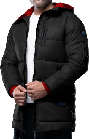 URBAN BUCK Puffer Jacket Men with Faux Fur Trimmed Hood Mens Down Parka Winter Coat Windbreaker & Waterproof Alton Black Ski Coat for Men (L)