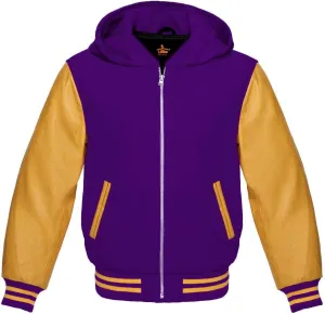 Varsity Hoodie Baseball Letterman Bomber Wool & Genuine Yellow Gold Leather Sleeves Zipper Jacket