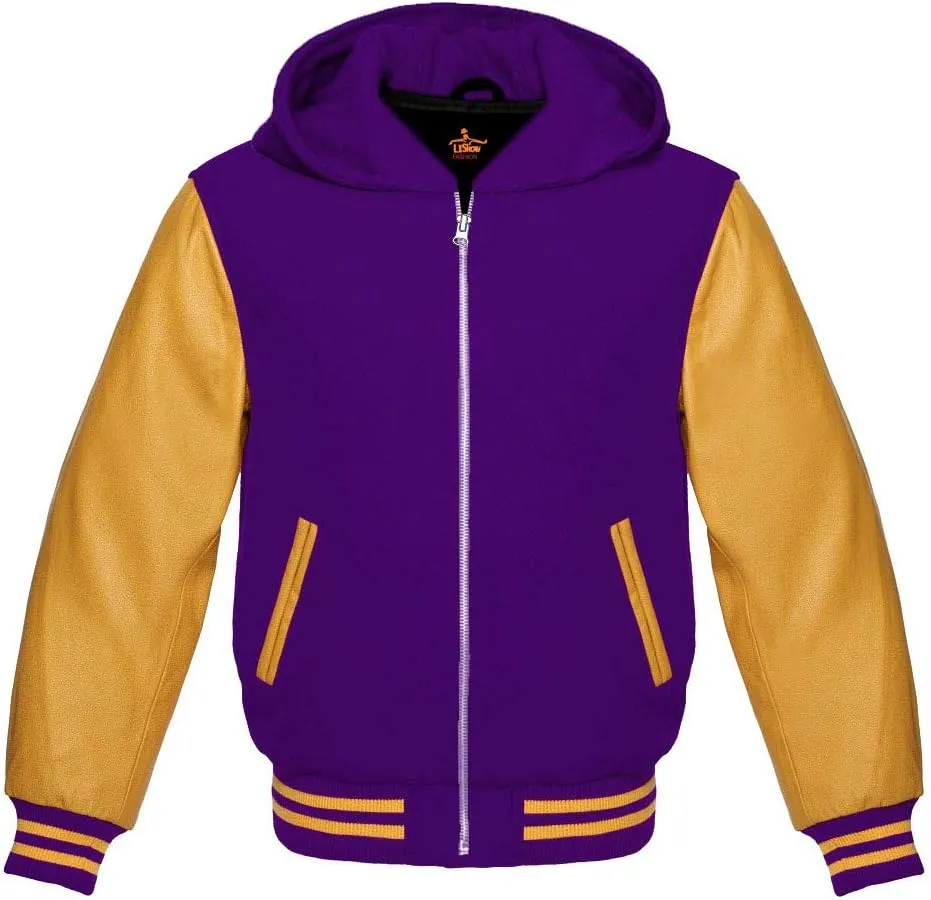 Varsity Hoodie Baseball Letterman Bomber Wool & Genuine Yellow Gold Leather Sleeves Zipper Jacket