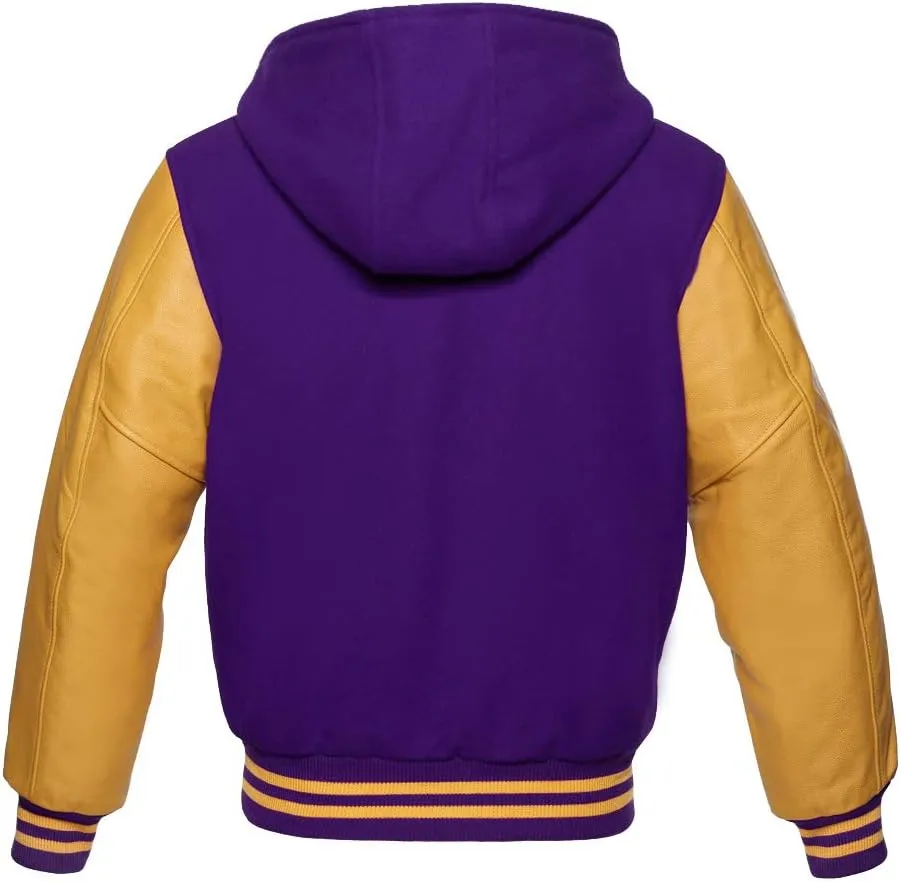 Varsity Hoodie Baseball Letterman Bomber Wool & Genuine Yellow Gold Leather Sleeves Zipper Jacket