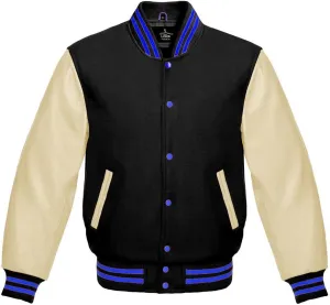 Varsity Jacket Baseball Letterman Bomber Wool & Light Cream Genuine leather Sleeves With Blue Stripe