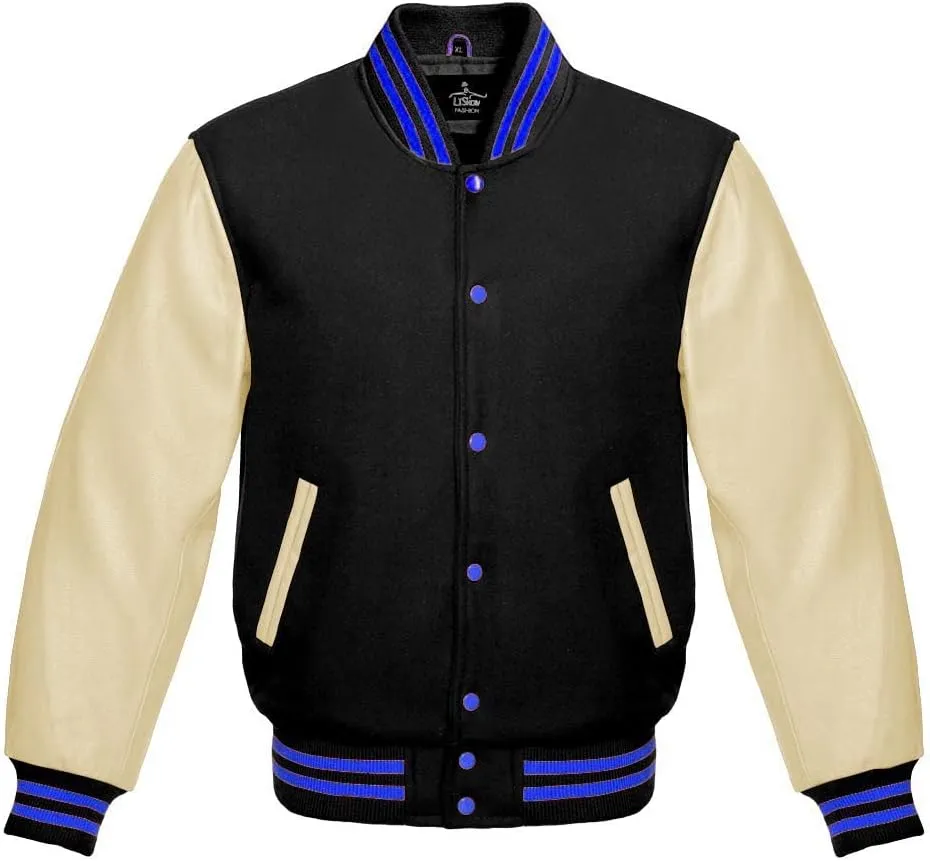 Varsity Jacket Baseball Letterman Bomber Wool & Light Cream Genuine leather Sleeves With Blue Stripe