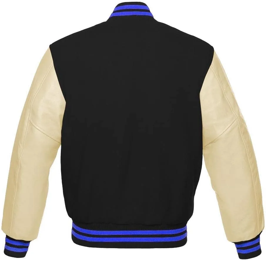 Varsity Jacket Baseball Letterman Bomber Wool & Light Cream Genuine leather Sleeves With Blue Stripe