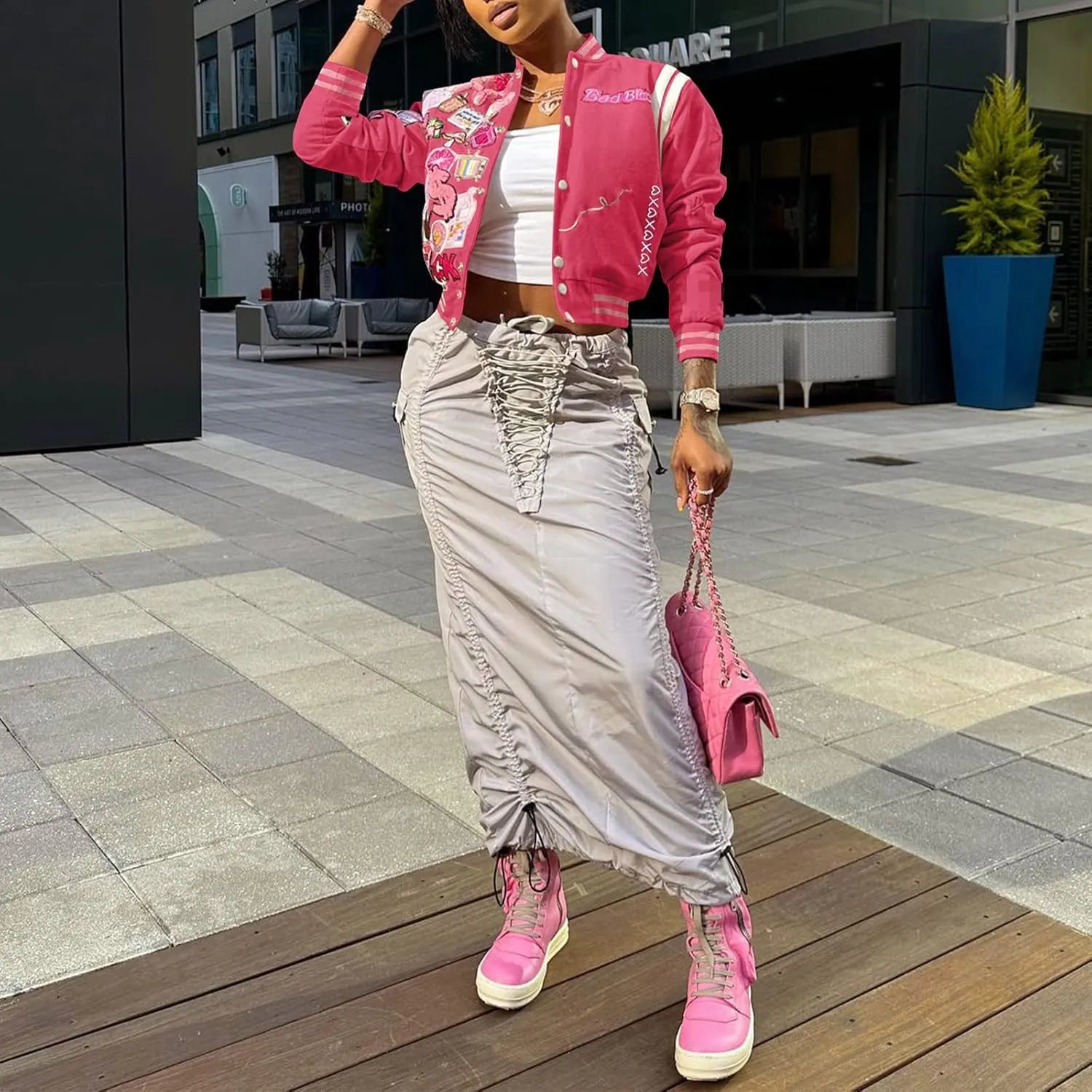 Varsity Jacket Women Print Vintage Patches Letterman Cropped Bomber Jacket Lightweight Dressy Cute Coat