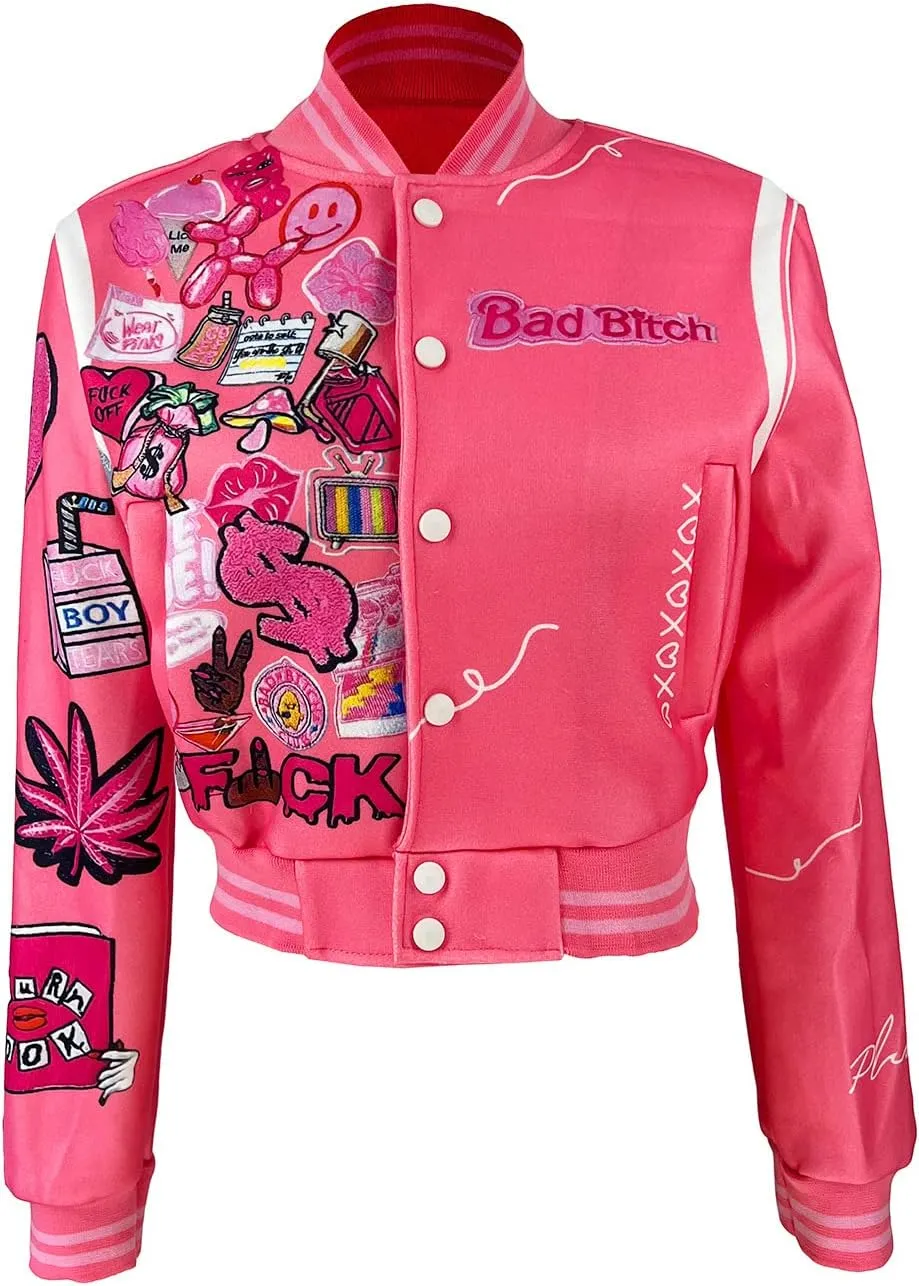 Varsity Jacket Women Print Vintage Patches Letterman Cropped Bomber Jacket Lightweight Dressy Cute Coat