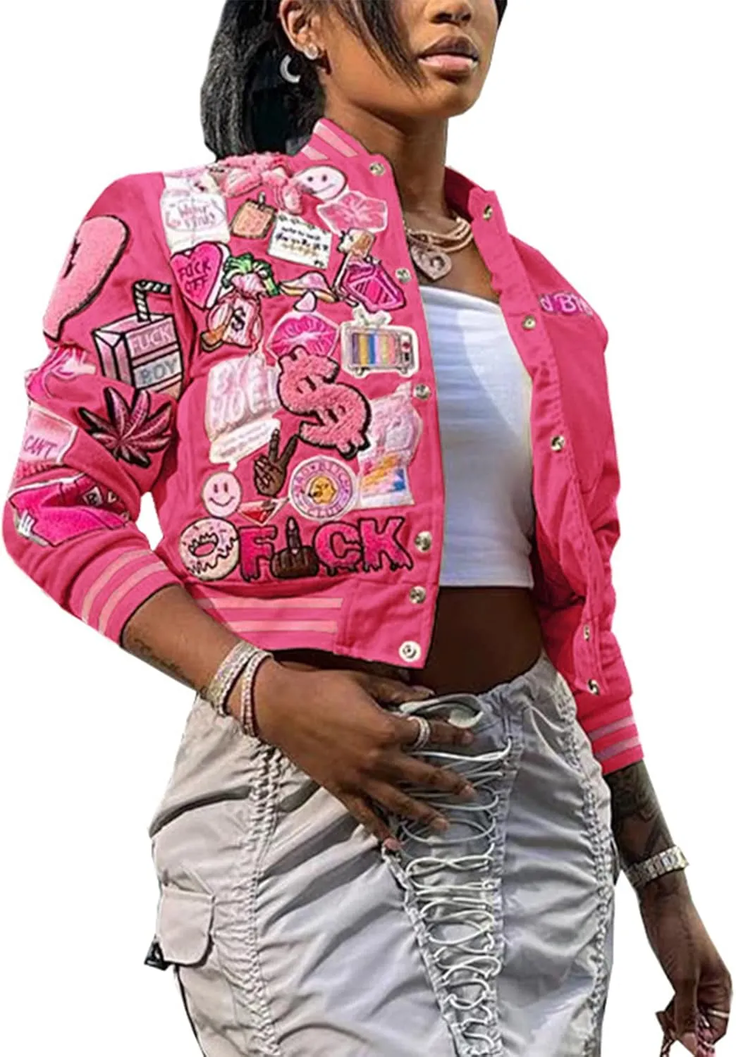 Varsity Jacket Women Print Vintage Patches Letterman Cropped Bomber Jacket Lightweight Dressy Cute Coat