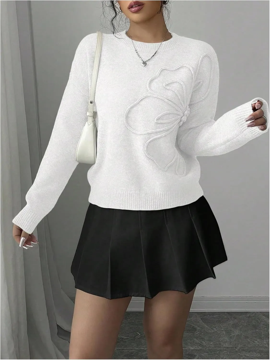 Verdusa Women's 3D Floral Pullover Sweaters Crew Neck Long Sleeve Knit Top