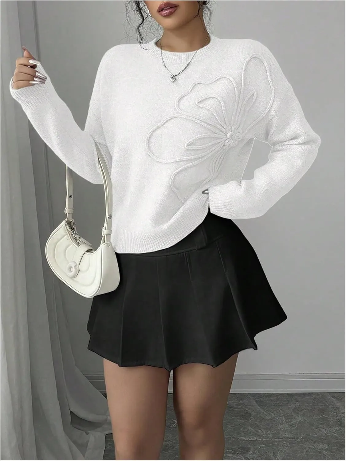 Verdusa Women's 3D Floral Pullover Sweaters Crew Neck Long Sleeve Knit Top