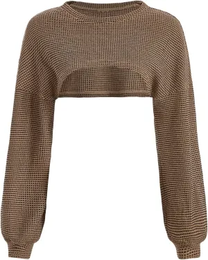 Verdusa Women's Drop Shoulder Long Sleeve Round Neck Knit Crop Top Shrug