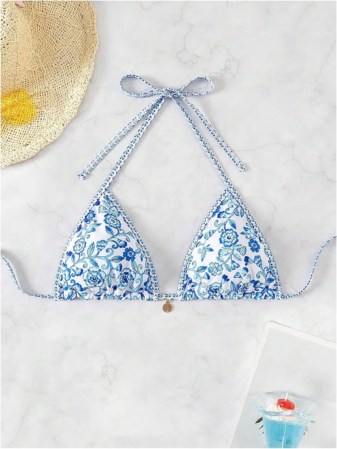 Verdusa Women's Floral Print Triangle Halter Bikini Tops Tie Back Swimwear Top