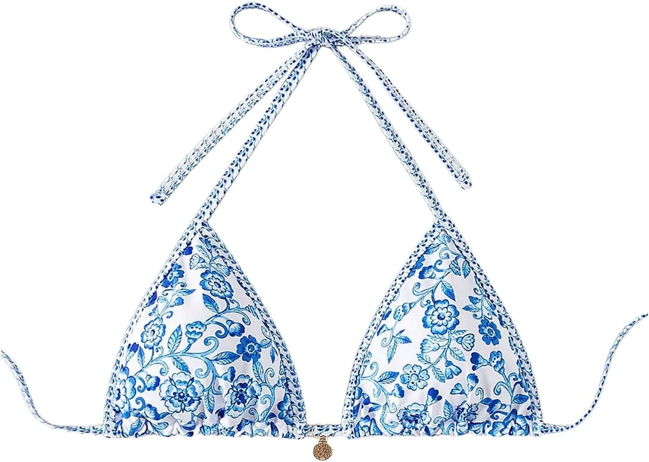 Verdusa Women's Floral Print Triangle Halter Bikini Tops Tie Back Swimwear Top