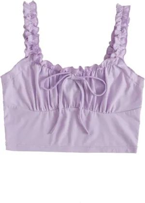 Verdusa Women's Frill Trim Strap Tie Knot Ruched Front Bustier Crop Top