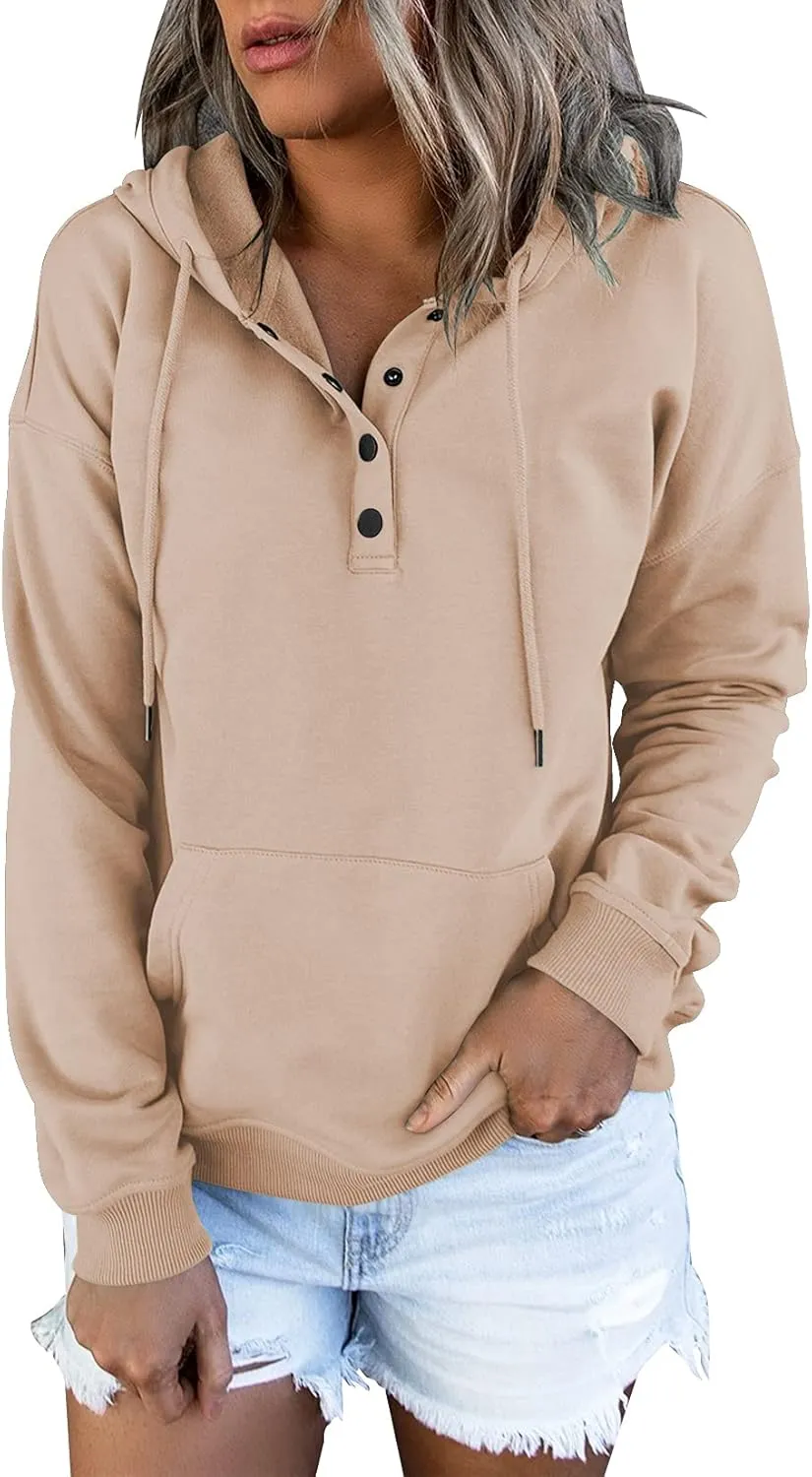 Vivitulip Women's Pullover Hoodies Tops Casual Button Down Long Sleeve Sweatshirts With Pocket