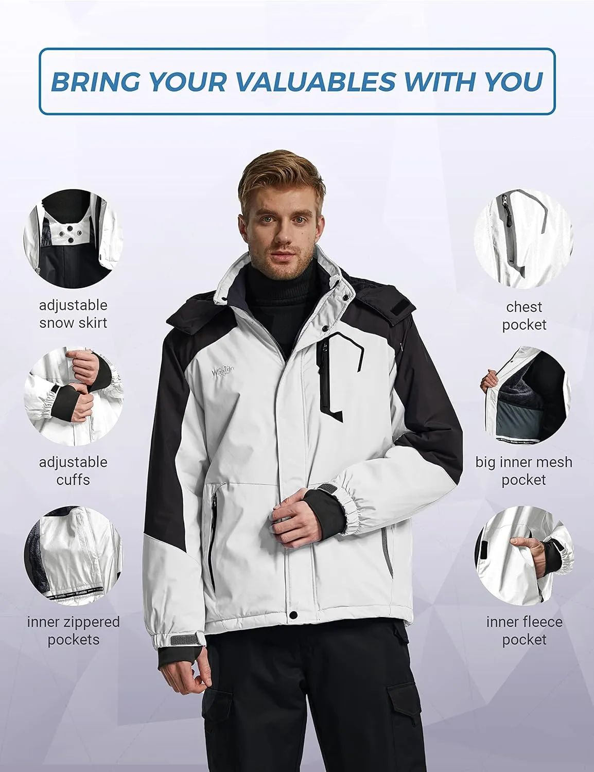 wantdo Men's Mountain Waterproof Ski Jacket Windproof Rain Jacket Winter Warm Hooded Coat