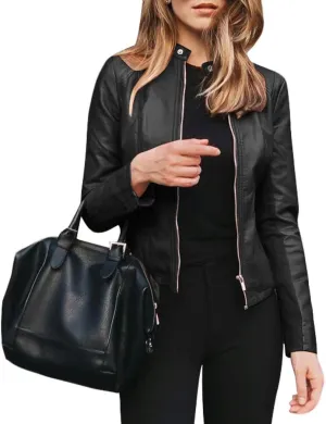 watersouprty Women's PU Leather Jacket Biker Jacket with Pockets Vintage Short Coat for Autumn Spring