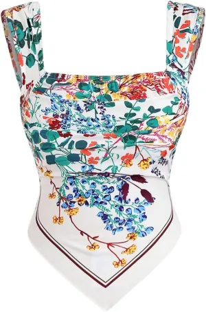 WDIRARA Women's Floral Asymmetrical Tank Top Smocked Square Neck Sleeveless Crop Tops
