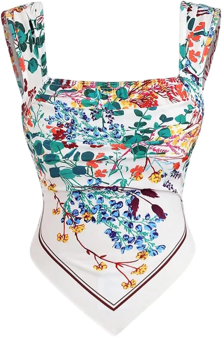WDIRARA Women's Floral Asymmetrical Tank Top Smocked Square Neck Sleeveless Crop Tops