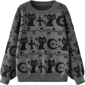 WDIRARA Women's Goth Cartoon Pattern Sweater Long Sleeve Crewneck Knit Pullover Top
