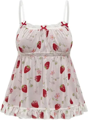 WDIRARA Women's Plus Size Strawberry Print Cami Top Mesh Camisole Lace Peplum Tops
