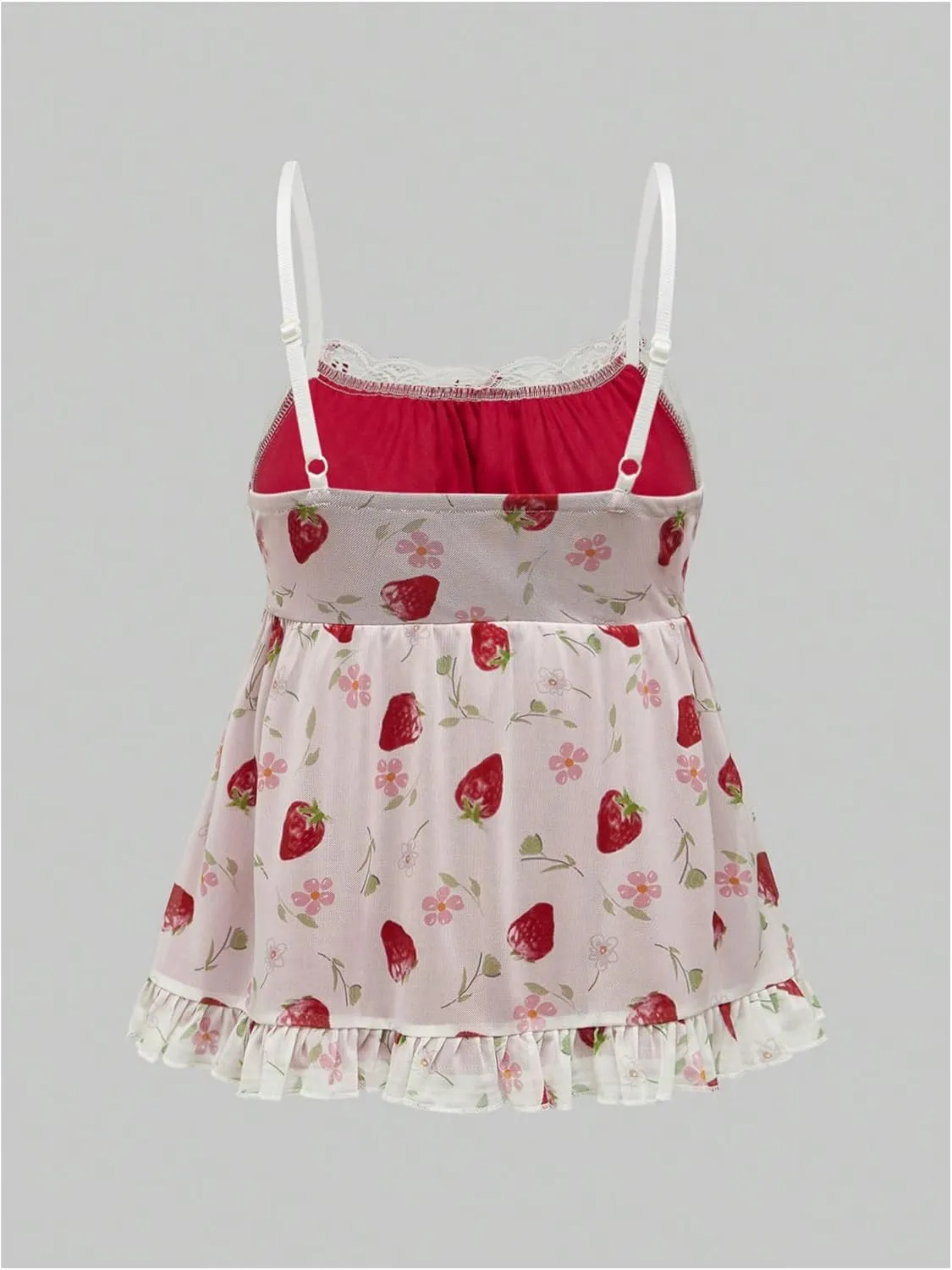 WDIRARA Women's Plus Size Strawberry Print Cami Top Mesh Camisole Lace Peplum Tops