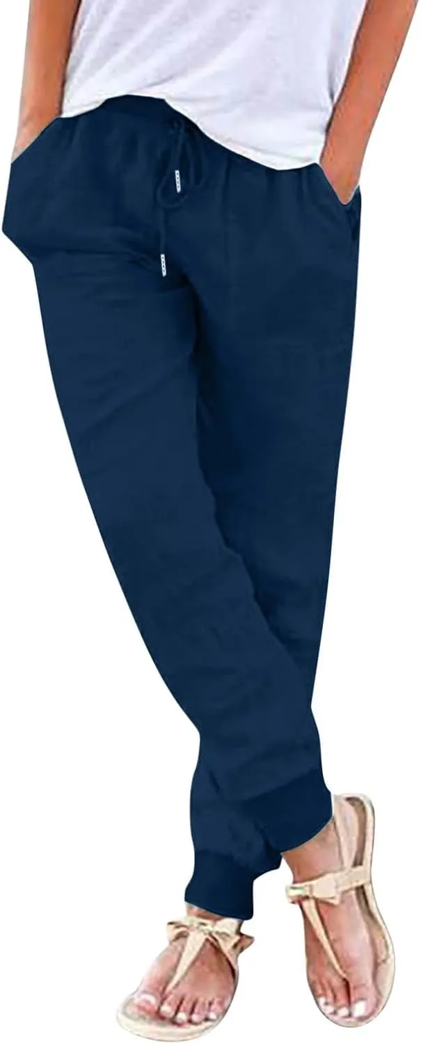 Wide Leg Linen Pants for Women High Waist Casual Loose Fit Summer Lightweight Jogger Palazzo Trouser with Pockets