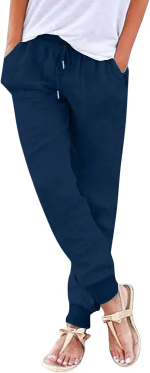 Wide Leg Linen Pants for Women High Waist Casual Loose Fit Summer Lightweight Jogger Palazzo Trouser with Pockets