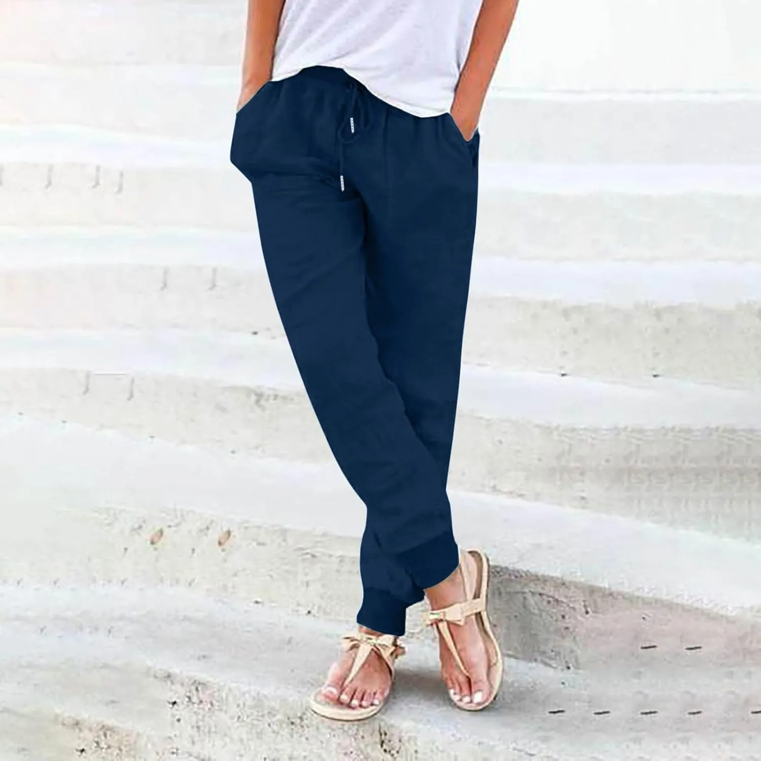 Wide Leg Linen Pants for Women High Waist Casual Loose Fit Summer Lightweight Jogger Palazzo Trouser with Pockets