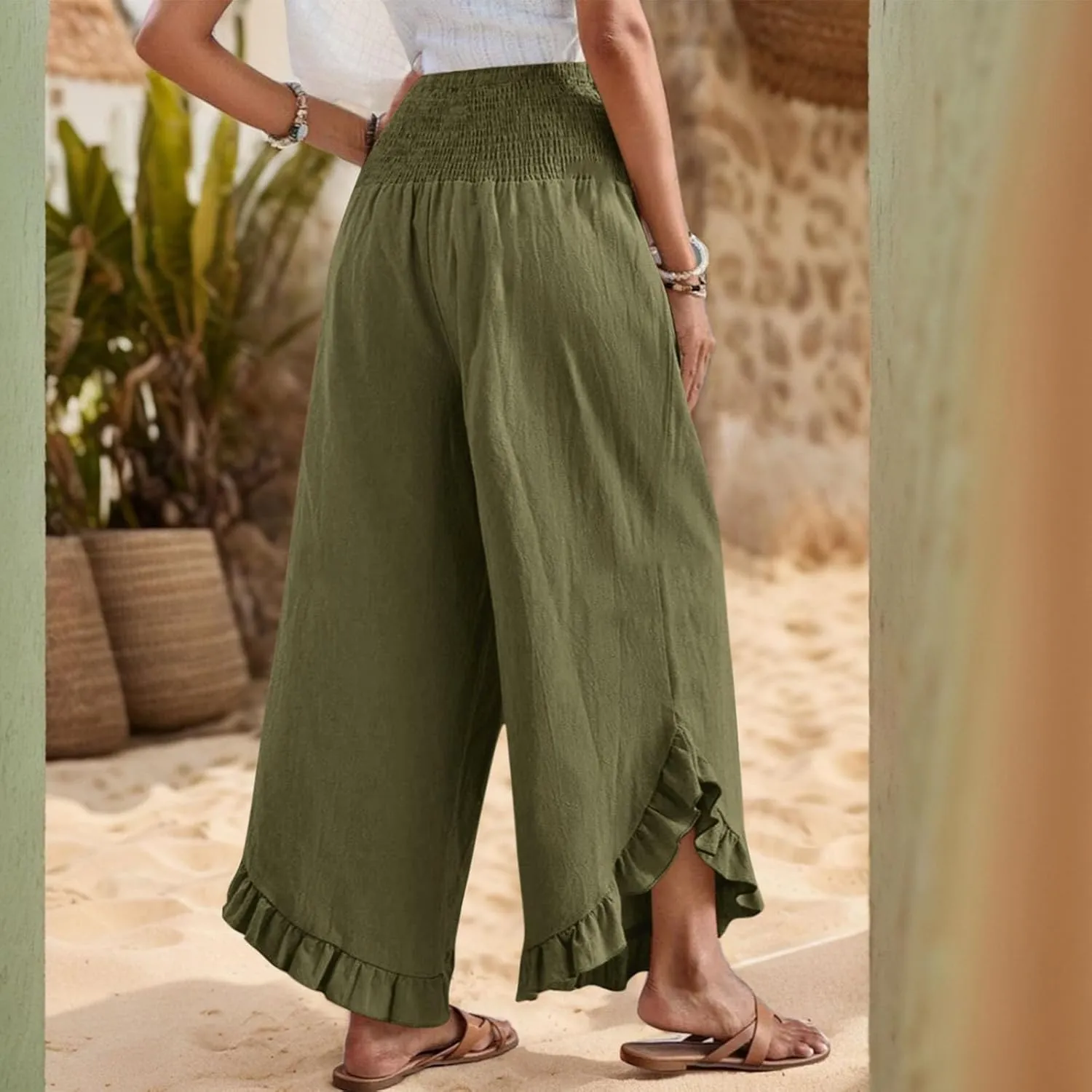 Wide Leg Linen Pants for Women Smocked Waist Ruffle Hem Summer Palazzo Casual Boho Flowy Beach Trouser with Pockets