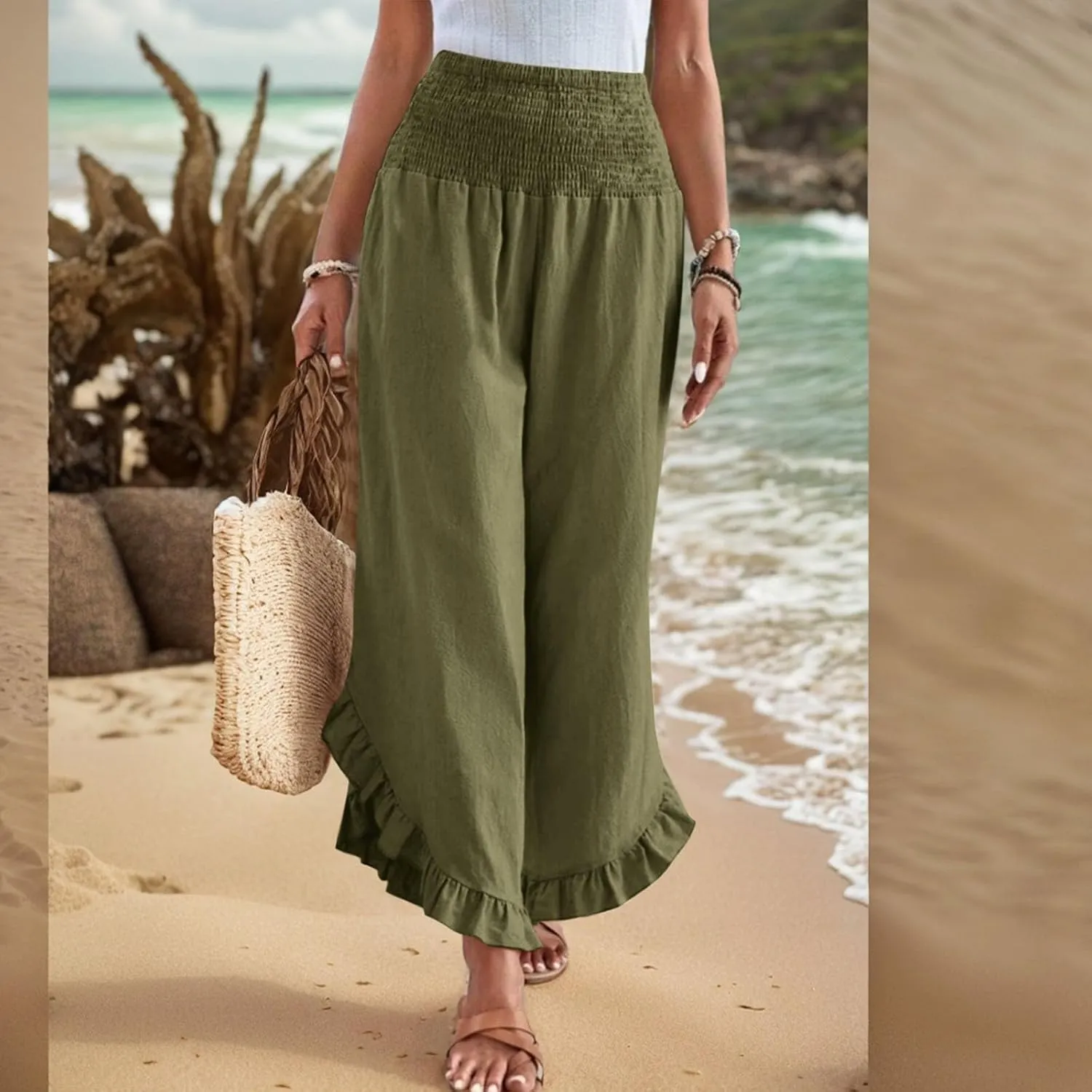 Wide Leg Linen Pants for Women Smocked Waist Ruffle Hem Summer Palazzo Casual Boho Flowy Beach Trouser with Pockets