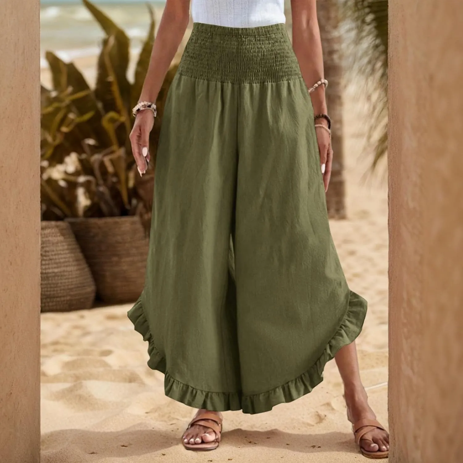 Wide Leg Linen Pants for Women Smocked Waist Ruffle Hem Summer Palazzo Casual Boho Flowy Beach Trouser with Pockets