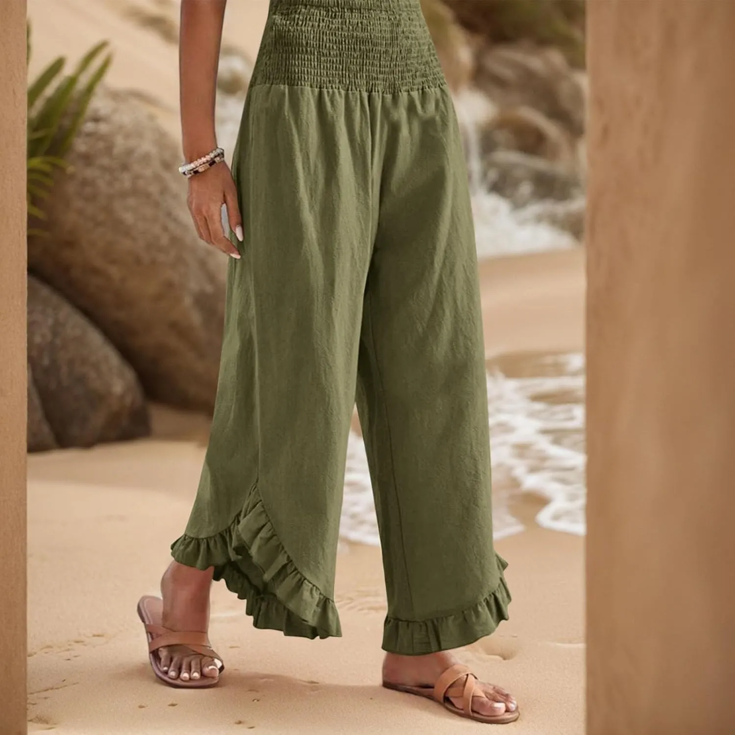 Wide Leg Linen Pants for Women Smocked Waist Ruffle Hem Summer Palazzo Casual Boho Flowy Beach Trouser with Pockets