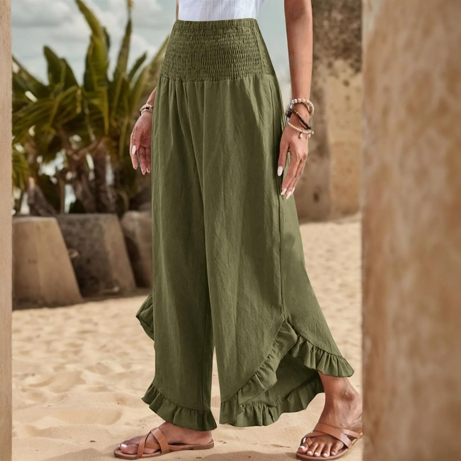 Wide Leg Linen Pants for Women Smocked Waist Ruffle Hem Summer Palazzo Casual Boho Flowy Beach Trouser with Pockets