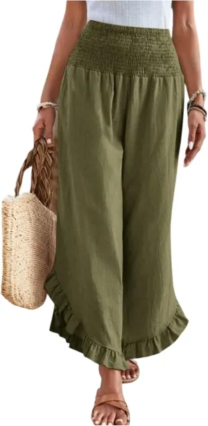 Wide Leg Linen Pants for Women Smocked Waist Ruffle Hem Summer Palazzo Casual Boho Flowy Beach Trouser with Pockets