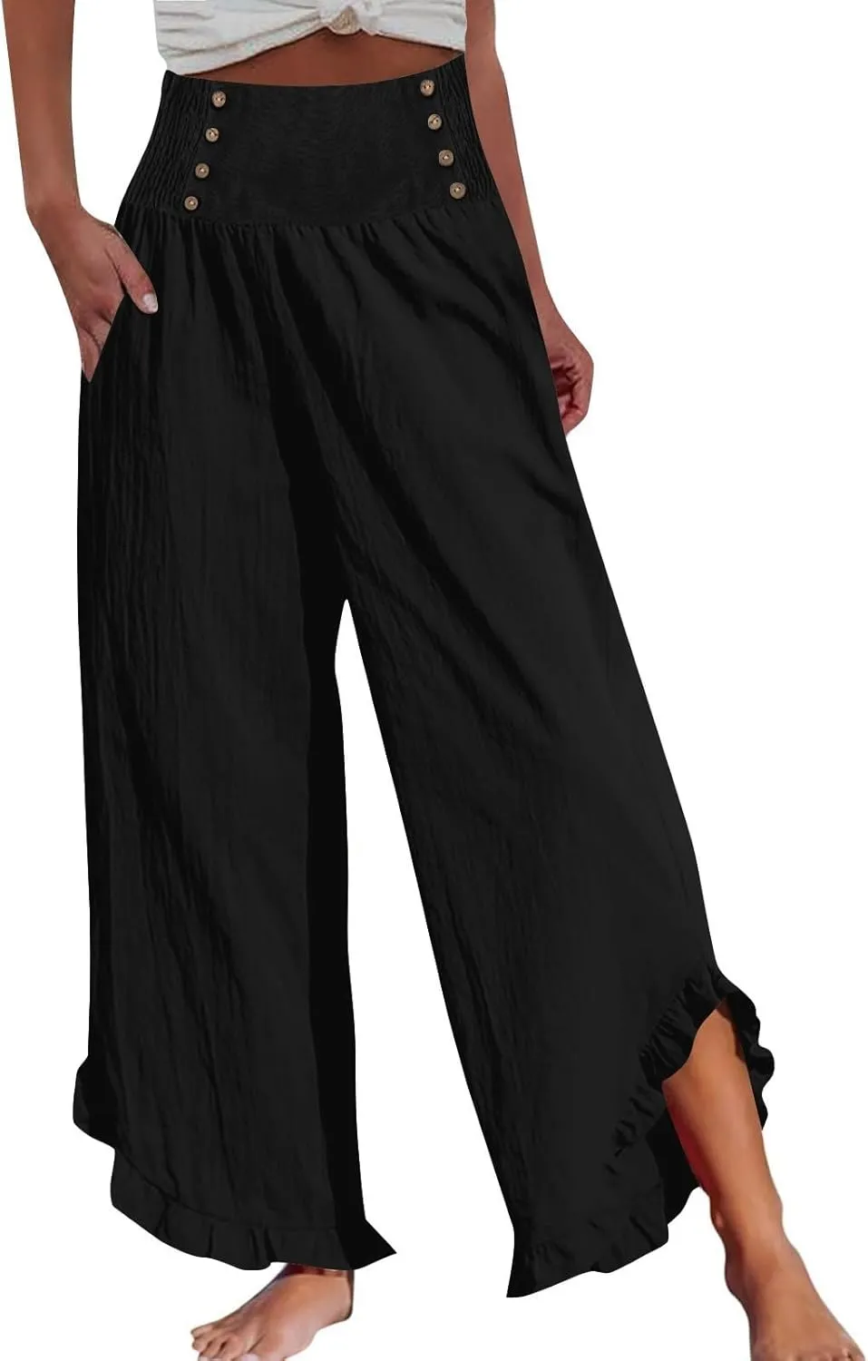 Wide Leg Linen Pants for Women Smocked Waist Straight Leg Ruffle Cuffs Loose Fit Palazzo Pant Casual Boho Beach