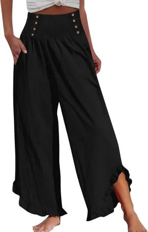 Wide Leg Linen Pants for Women Smocked Waist Straight Leg Ruffle Cuffs Loose Fit Palazzo Pant Casual Boho Beach