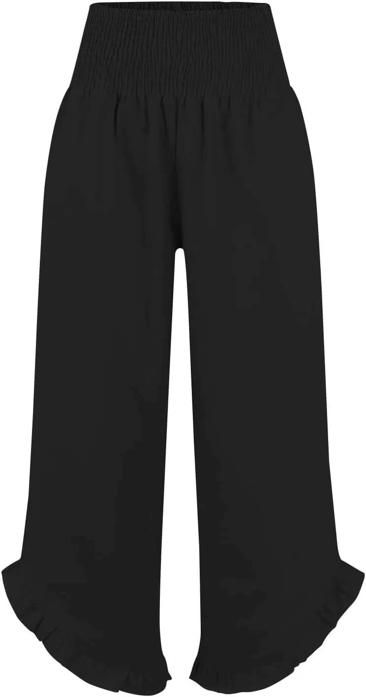 Wide Leg Linen Pants for Women Smocked Waist Straight Leg Ruffle Cuffs Loose Fit Palazzo Pant Casual Boho Beach