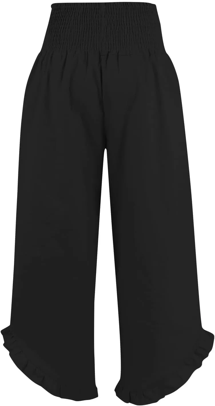 Wide Leg Linen Pants for Women Smocked Waist Straight Leg Ruffle Cuffs Loose Fit Palazzo Pant Casual Boho Beach