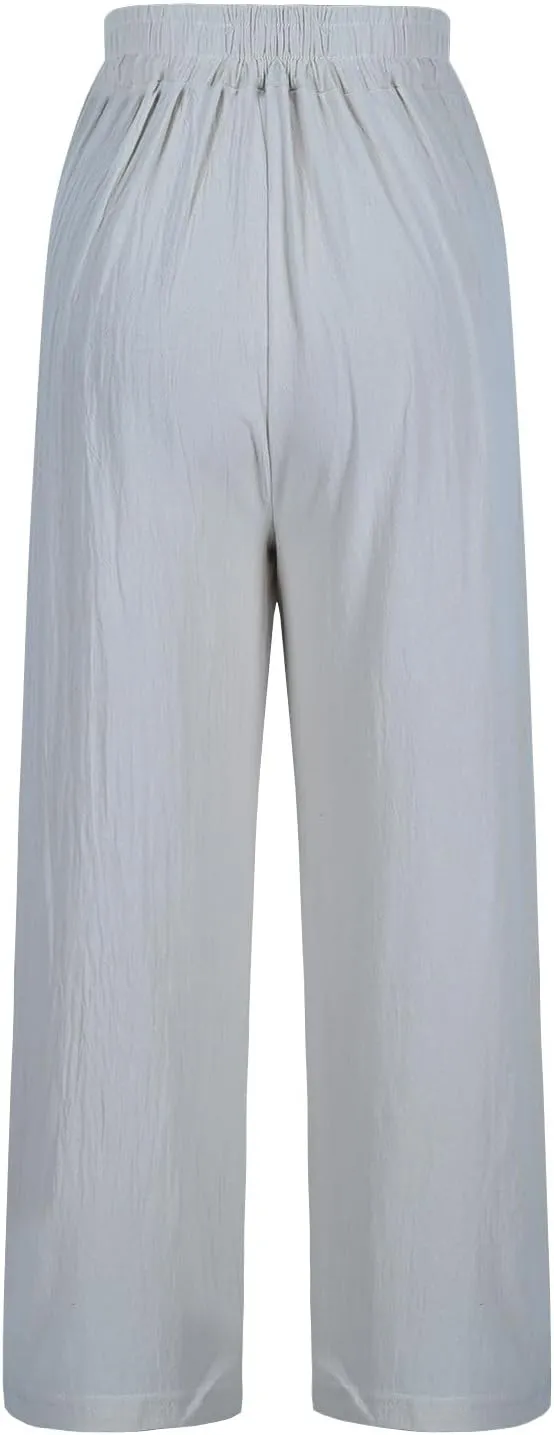 Wide Leg Linen Pants for Women Vintage Floral Embroidered Cropped Trousers High Elastic Waist Summer Beach Pants